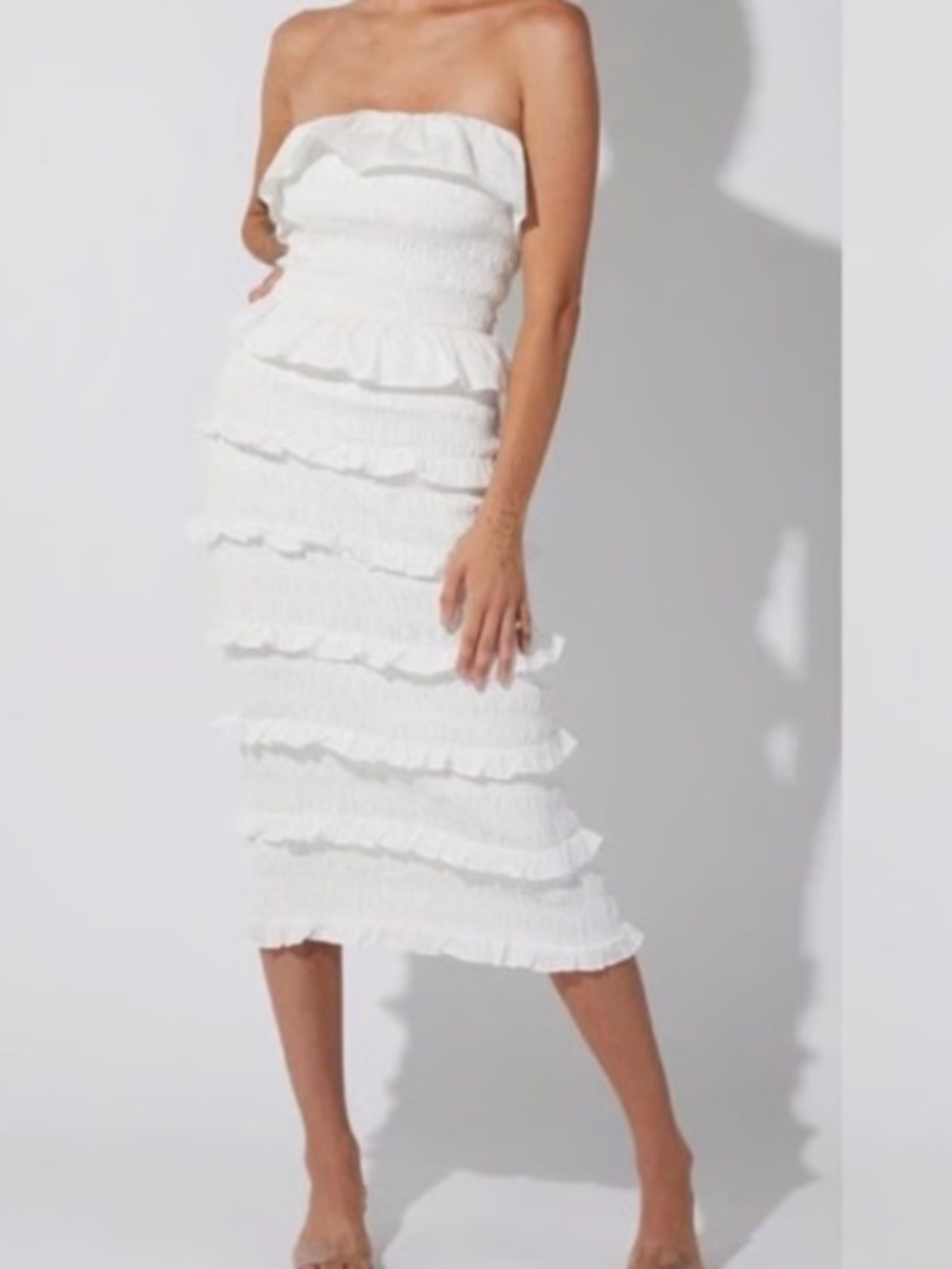 COQUETTE 🆕 WHITE 100% ORGANIC COTTON RUFFLE SMOCKED STRAPLESS MIDI DRESS